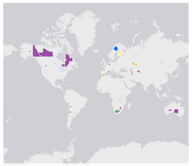 World map, coloured sections in difference countries