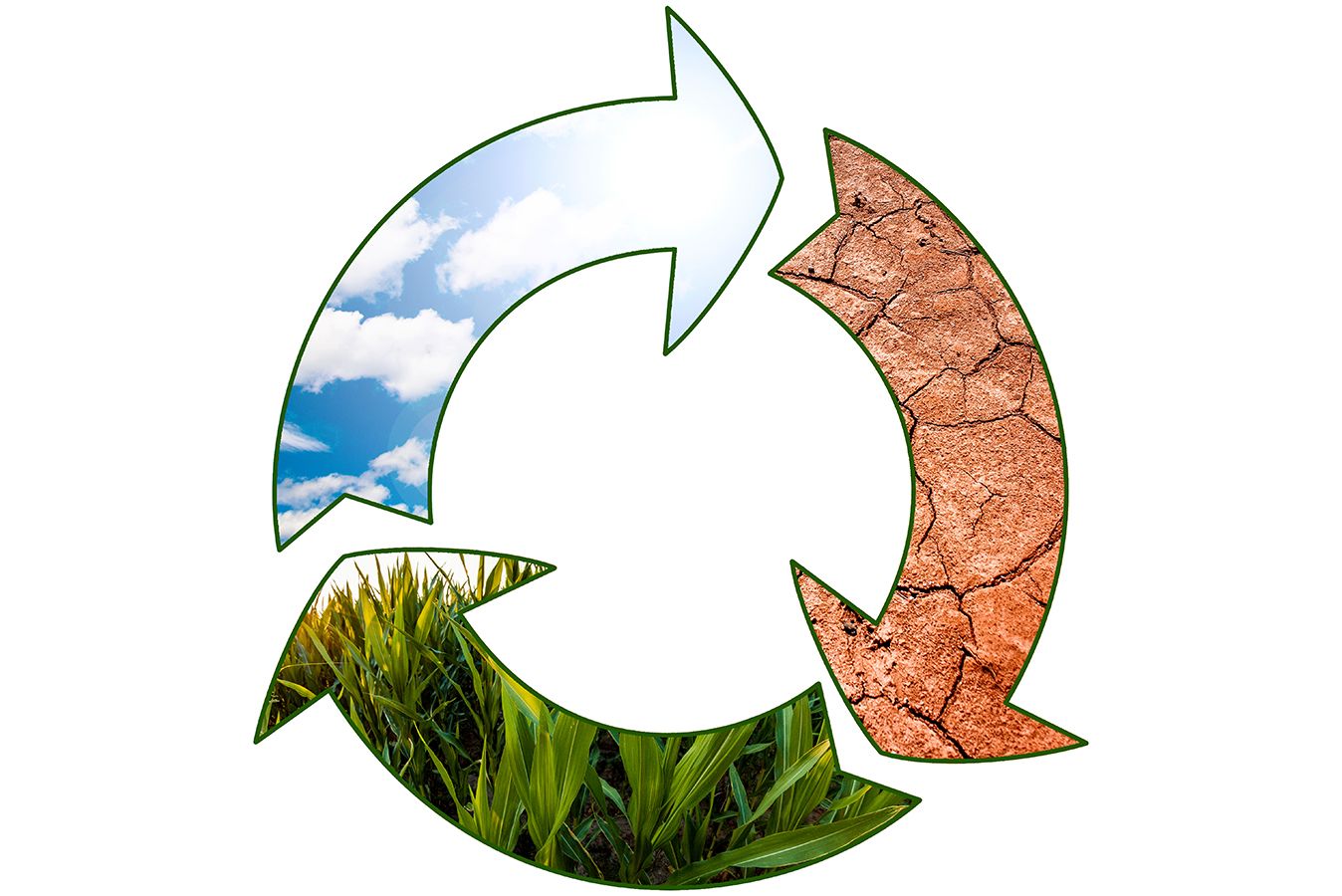 Three arrows in shape of a circule, one green with grass, one with blue sky, and one with red cracked and dried mud