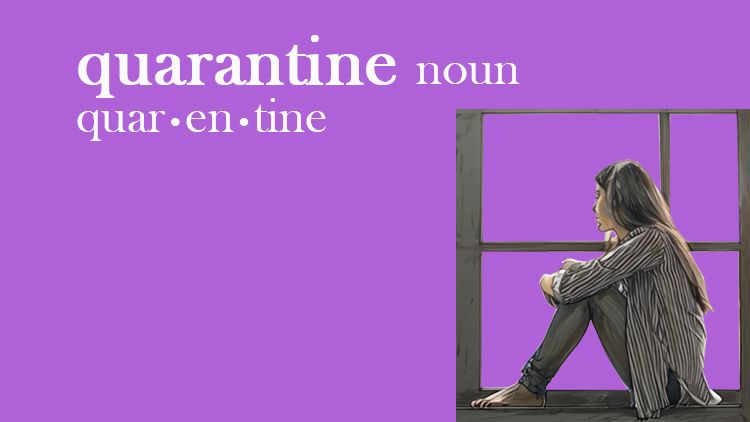 An illustrated image of a person sitting on a window sil looking out - there is a purple background