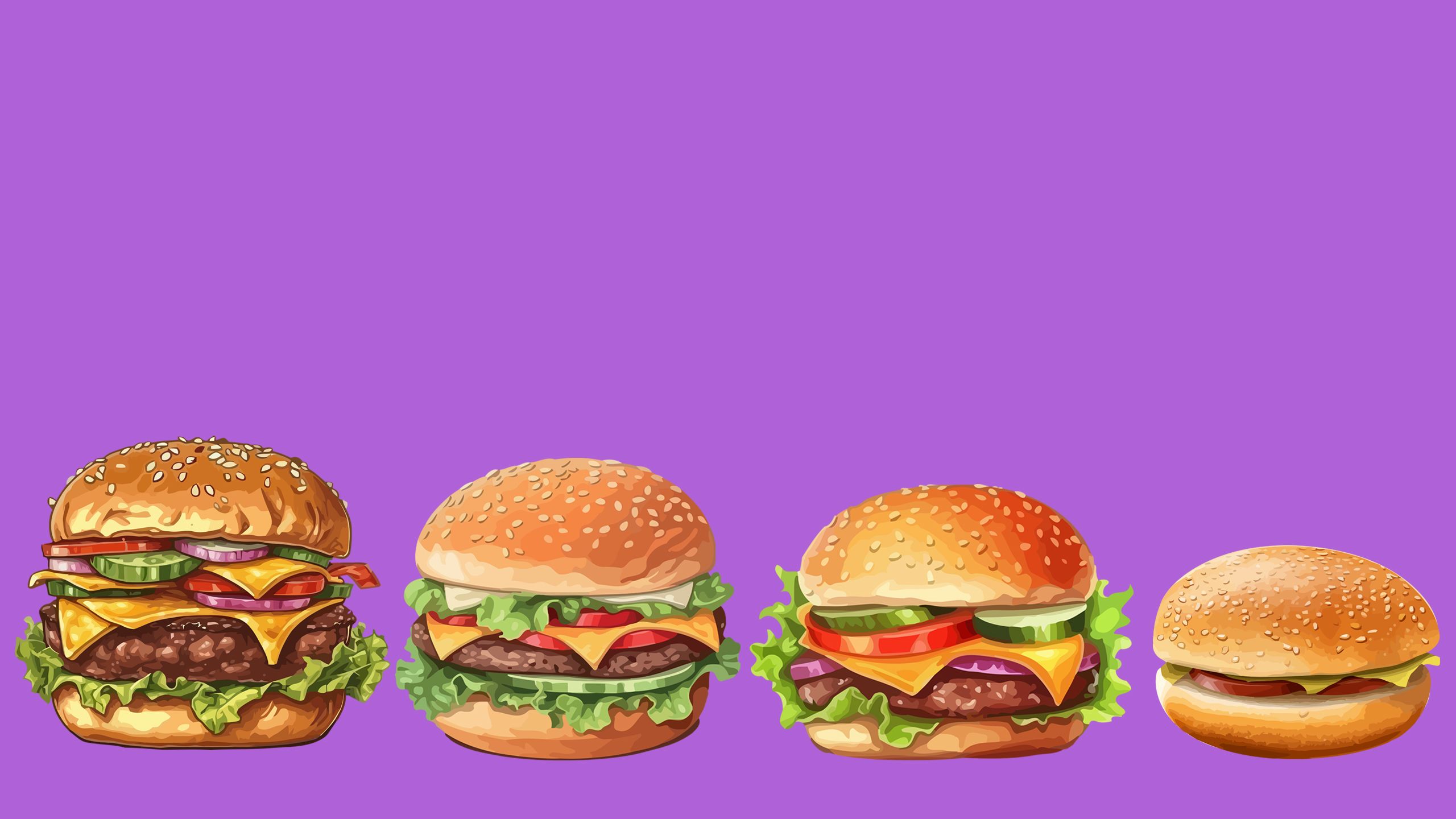 Image of illustrated hamburgers getting smaller from left to right on a purple background