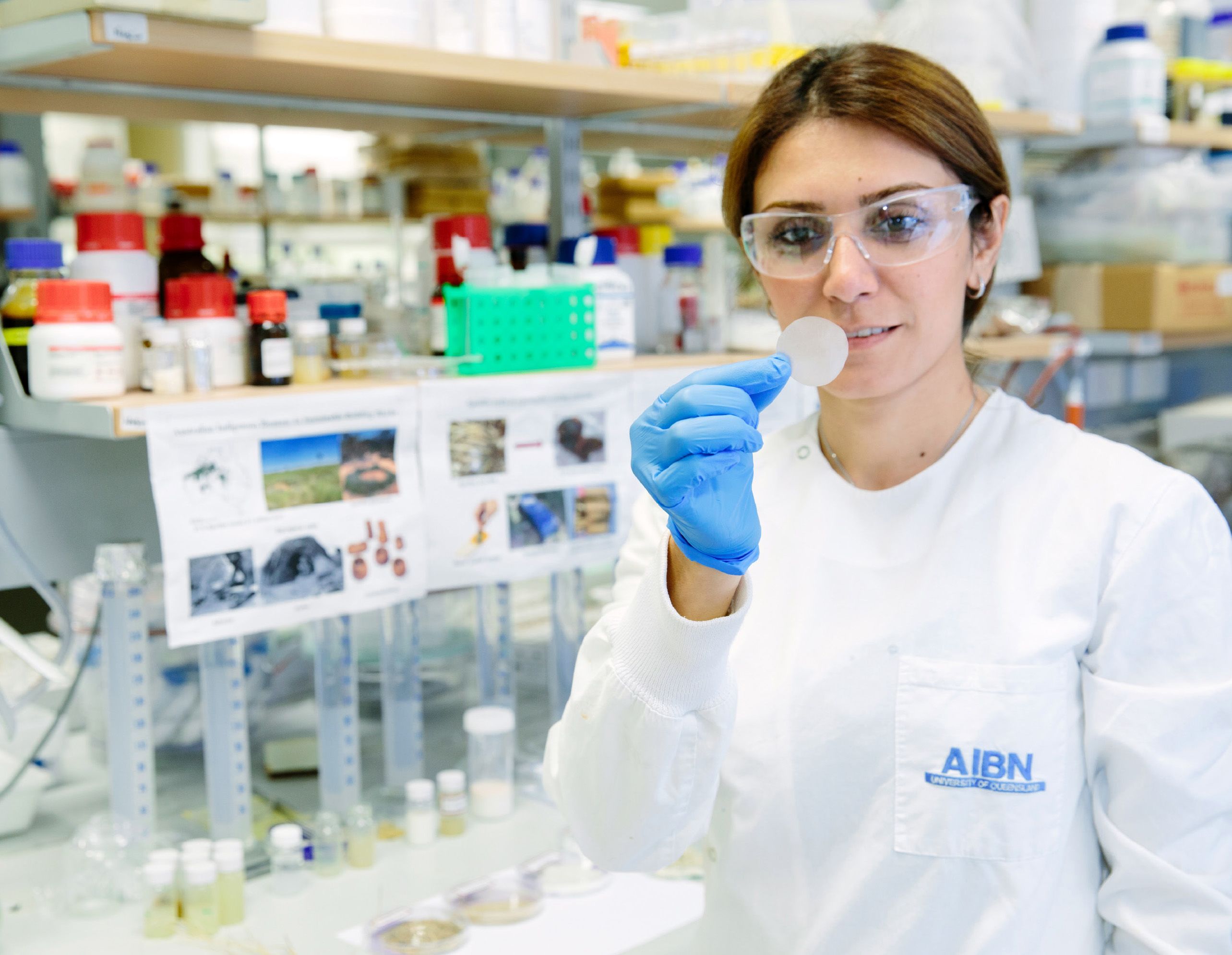 Dr Nasim Amiralian standing in a lab, holding up a thin disc of spinifex membrane