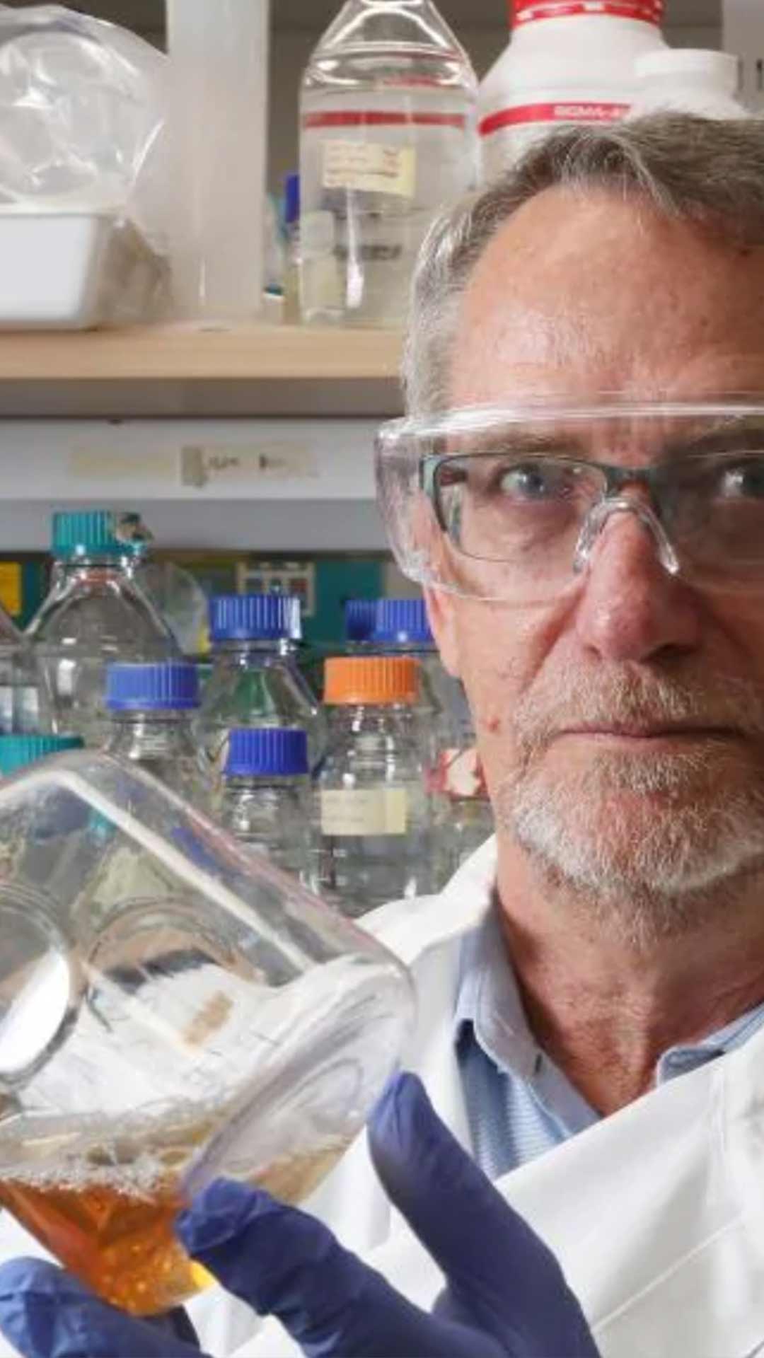 Professor Paul Young holding the COVID-19 vaccine candidate in lab wearing lab coat, glasses and gloves