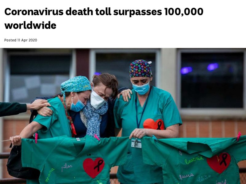 death toll reached 100000. picture of doctors crying outside a hospital