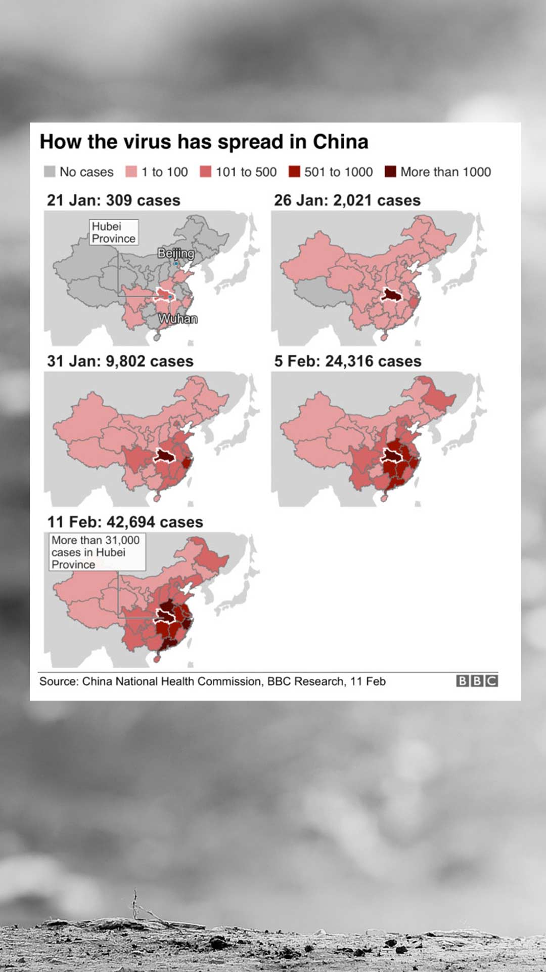 How the virus spread in China. 21 January 309 cases, 26 January 2021 cases, 31 January 9802 cases, 5 February 24316 cases, 11 February 42694 cases.