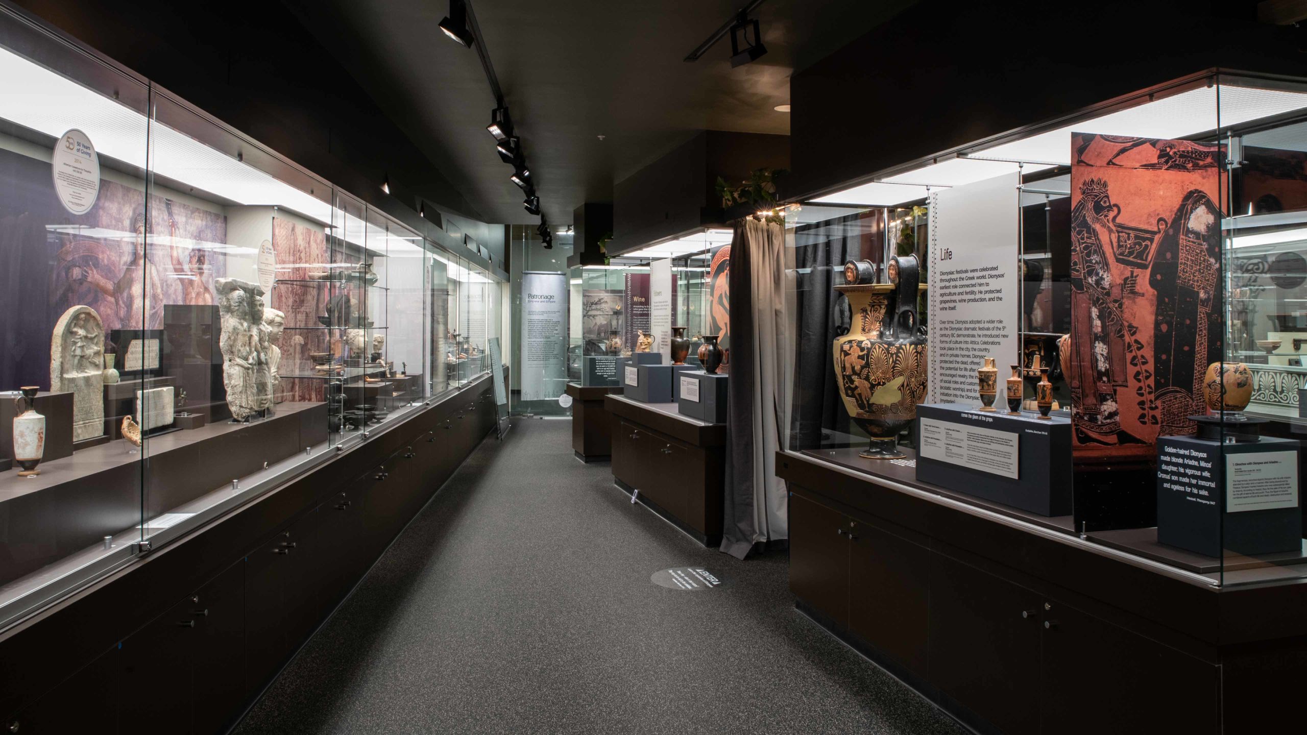 A museum corridor with glass display cases on either side, displaying traditional greek and roman artefacts, including pottery.