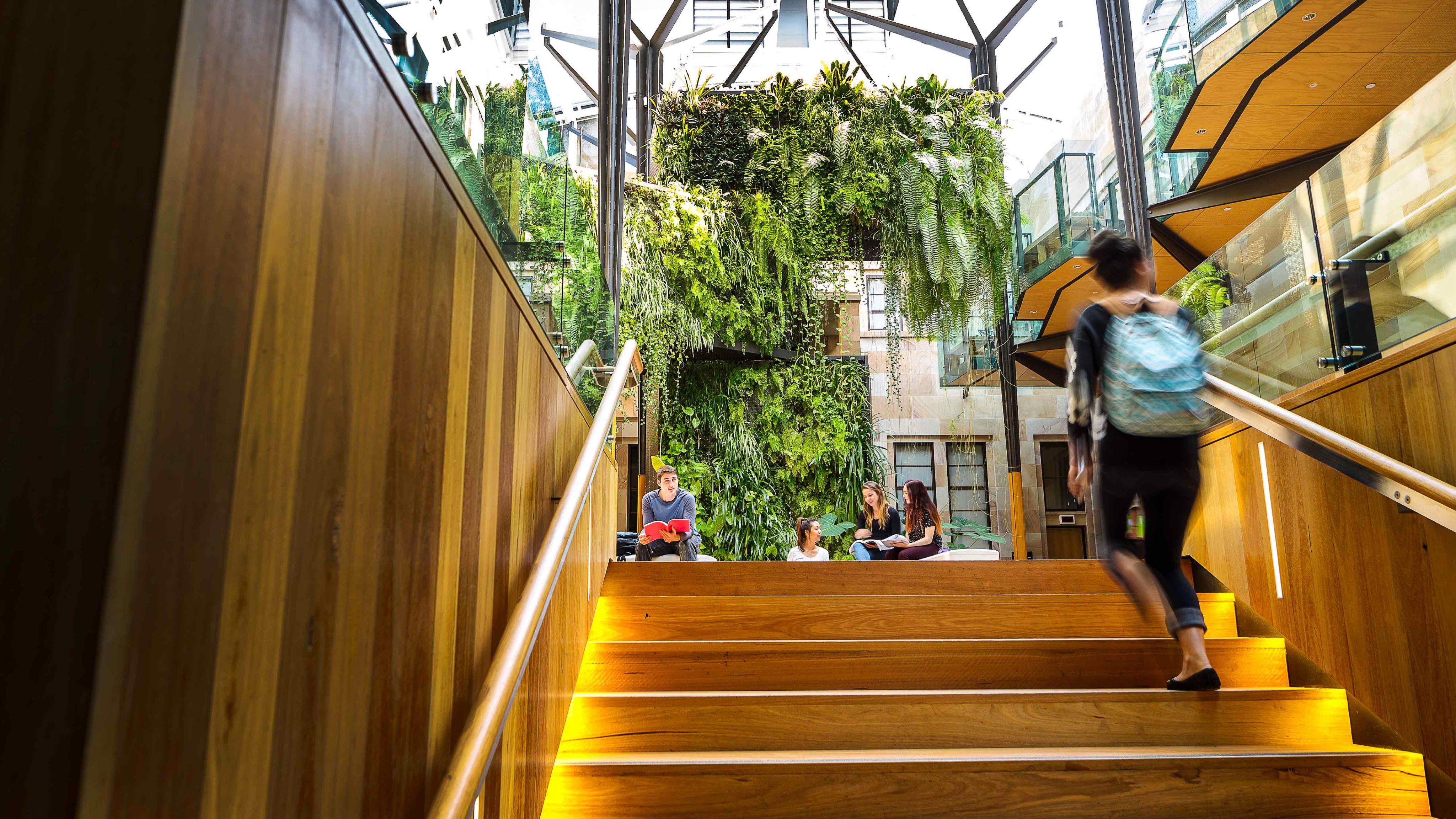 A wide timber staircase leads into a modern building filled with greenery and natural light. Students are sitting at the the top of the staircase, chatting.