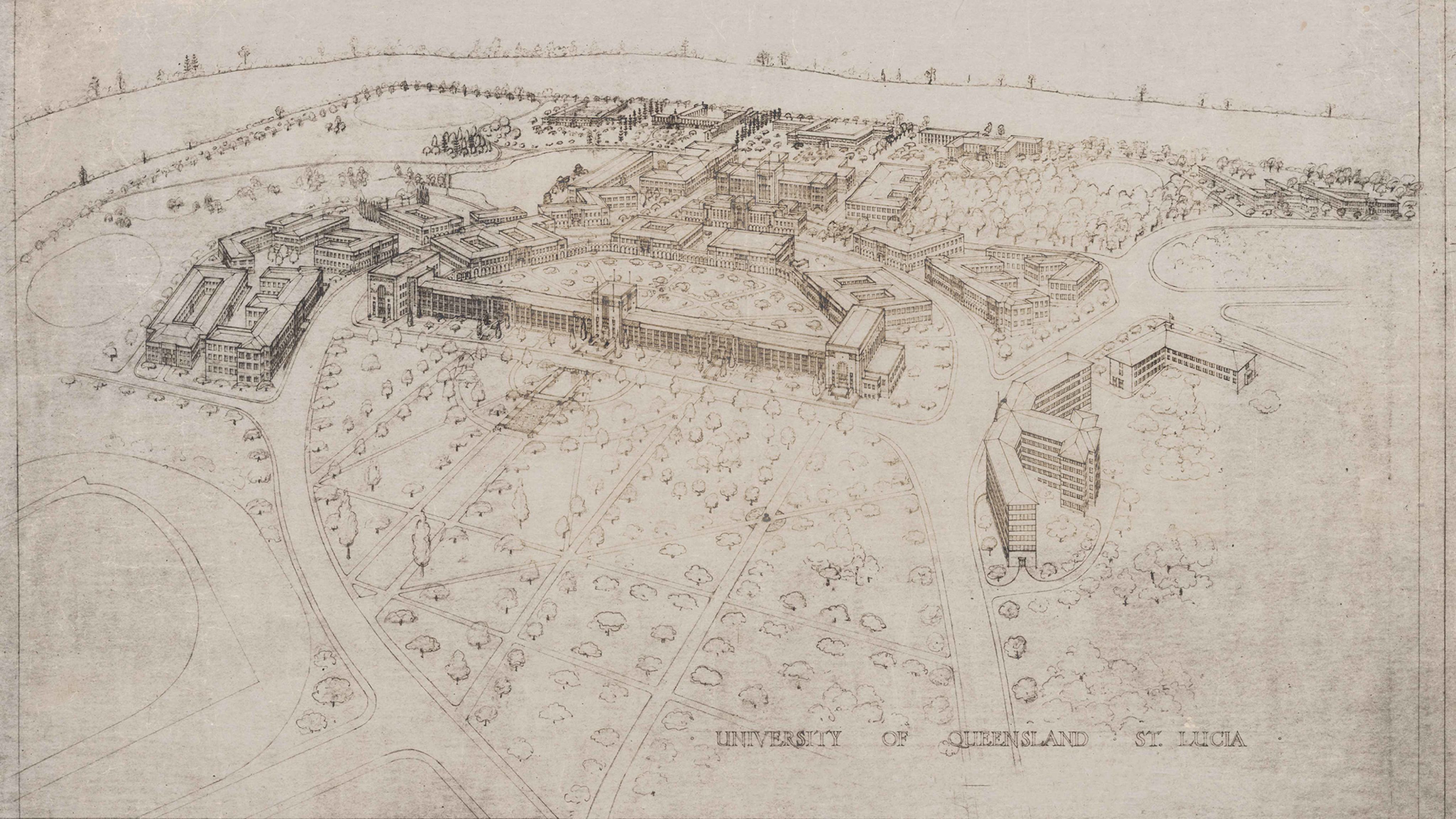An aerial drawing of The University of Queensland St Lucia campus.