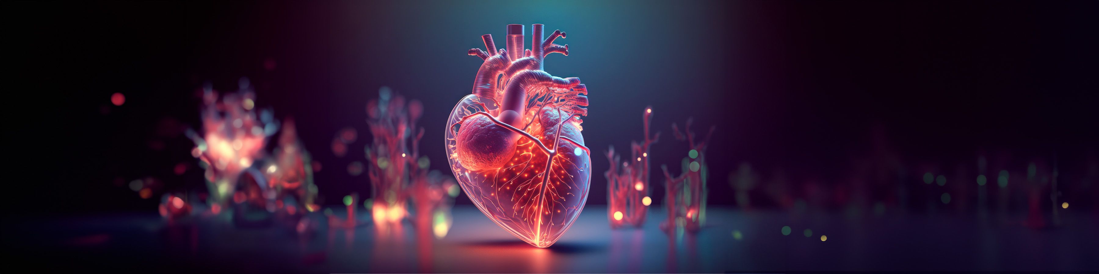 A recreated image of a heart if featured on a moody background. The heart has full saturation.