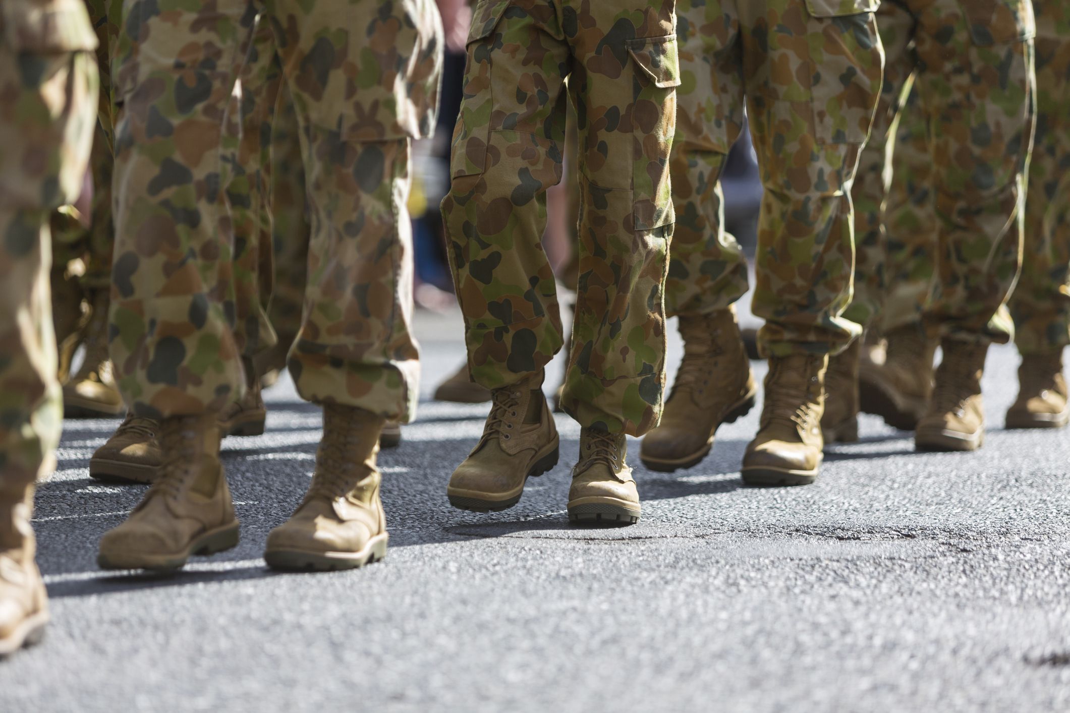 Feet of Australian soldiers marching on ANZAC day