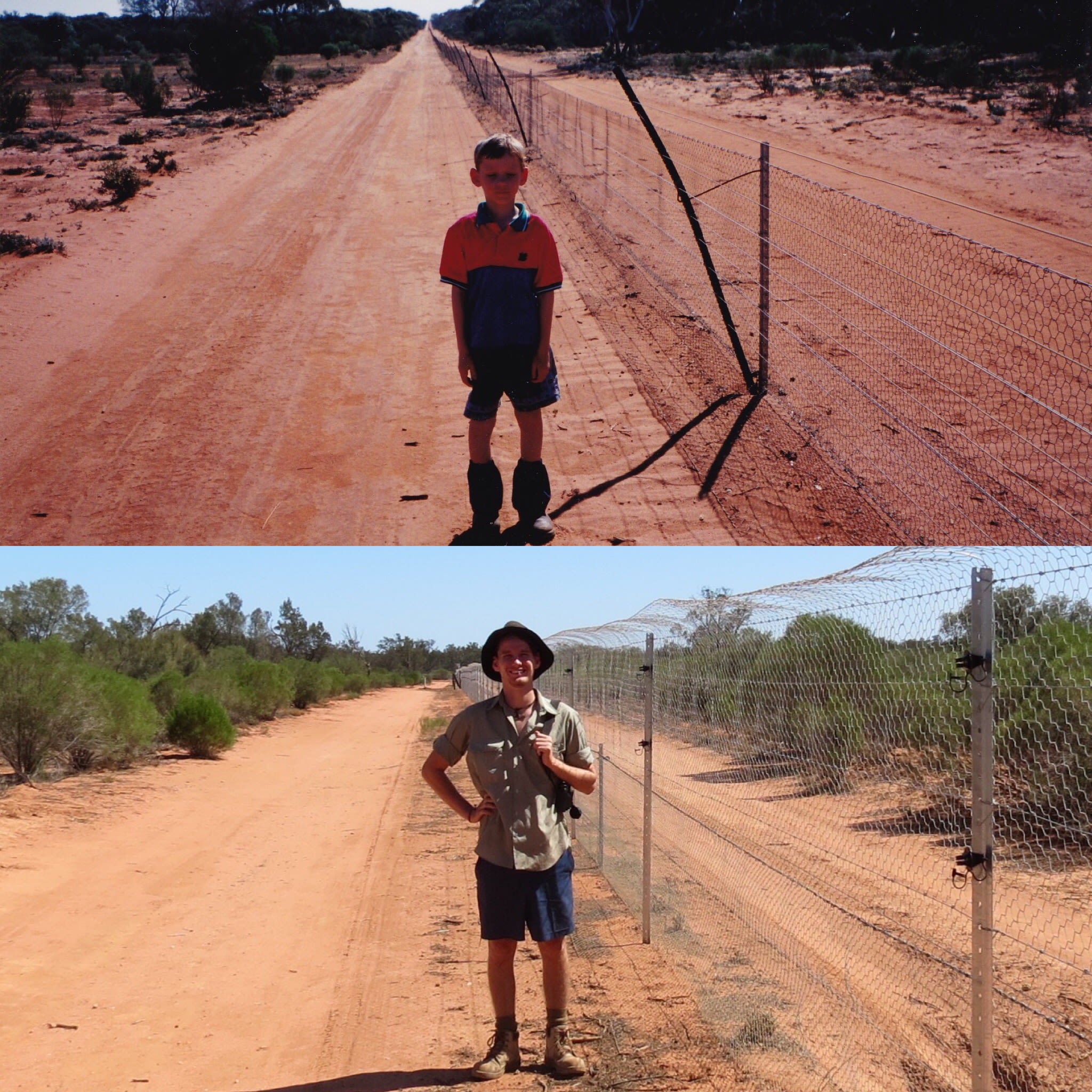 Thomas outside the fence of Scotia Wildlife Sanctuary as a child (top) and re-creating the same photo as an adult.