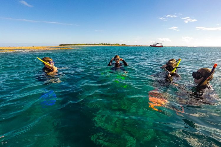 This is an image of school students snorkelling while visiting UQ's Heron Island Research Station.