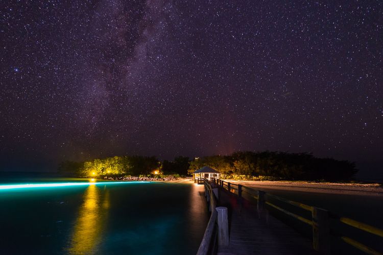 This is an image of the Heron Island jetty at night time with the stars shining brightly.