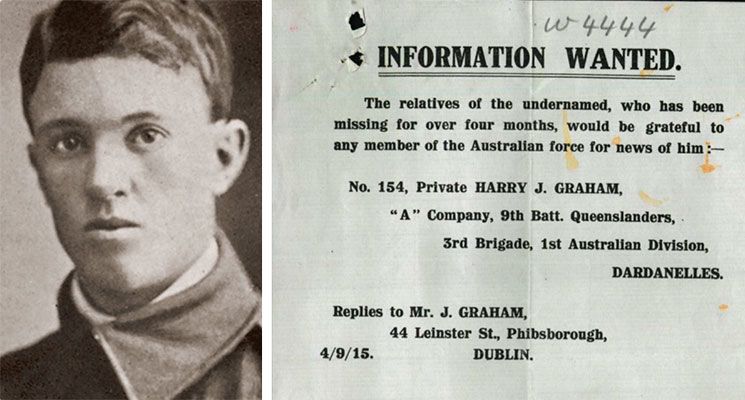 This is an image of Queensland Agricultural College student Private Harry Graham and the flyer distributed by Harry's family.