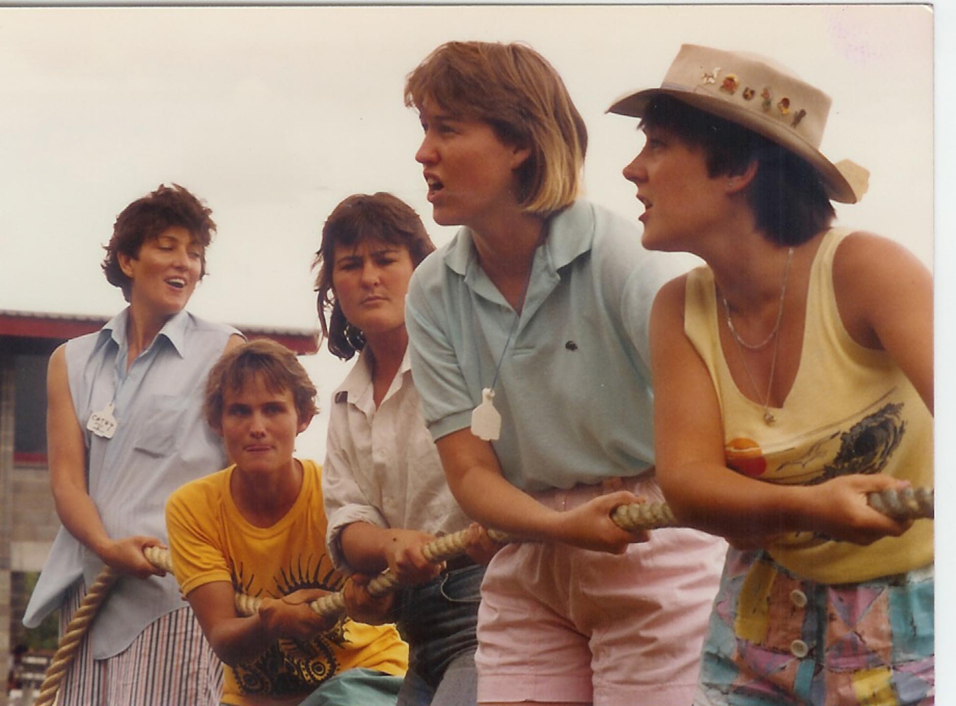 This is an image of Sandra Jephcott (second from left) during a tug-of-war competition with fellow UQ Veterinary Science students.