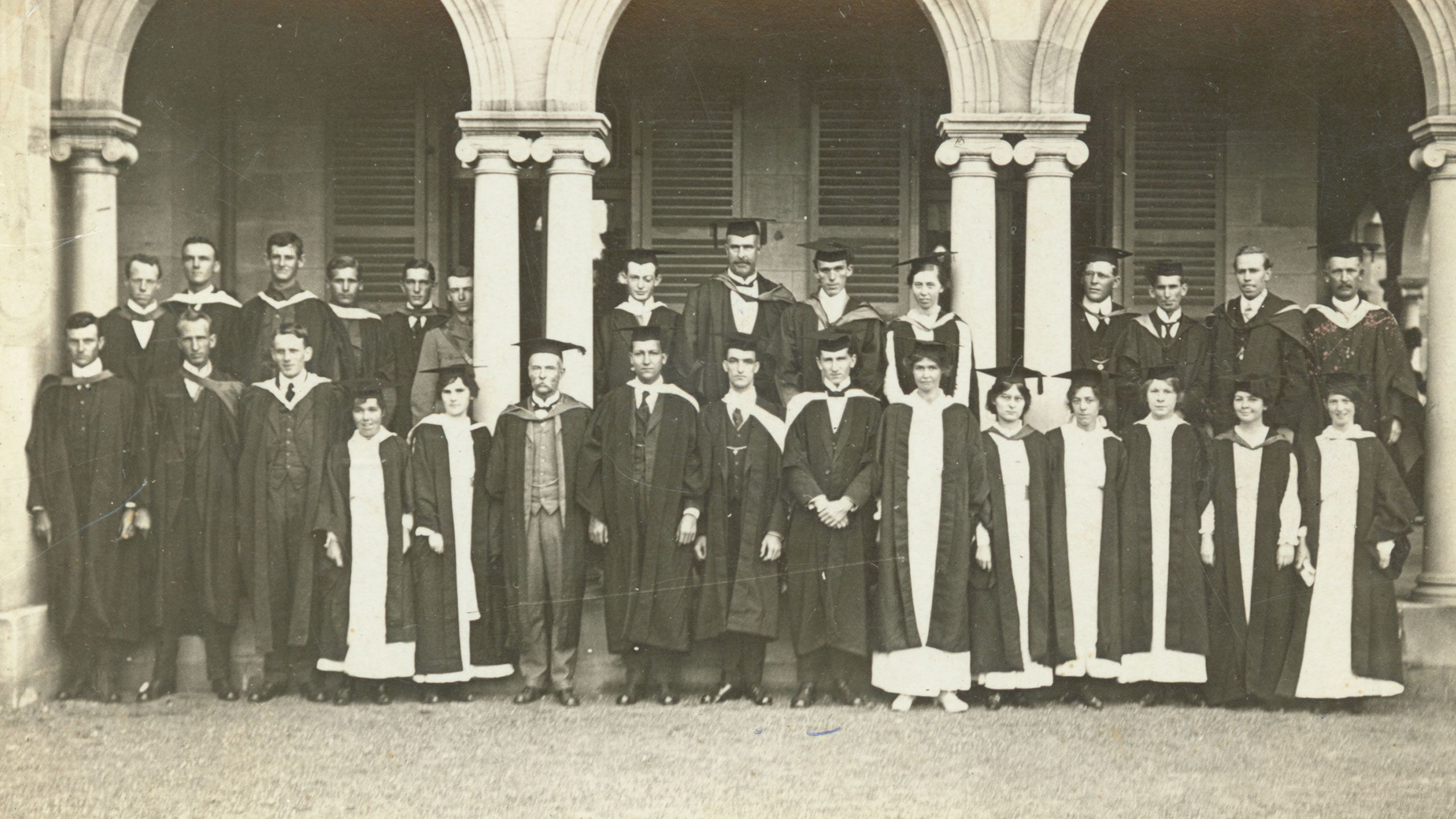 A group image of UQ graduates at the George Street campus in Brisbane in 1916. See the two men third and fourth from the left in the back row? They’re Charles Wonderley and Walde Fisher, standing side-by-side. Just weeks after this photo was taken, with World War I in full swing on the Western Front, both embarked for active service. On 5 April 1918, they were both killed on the same battlefield near Amiens, in France.