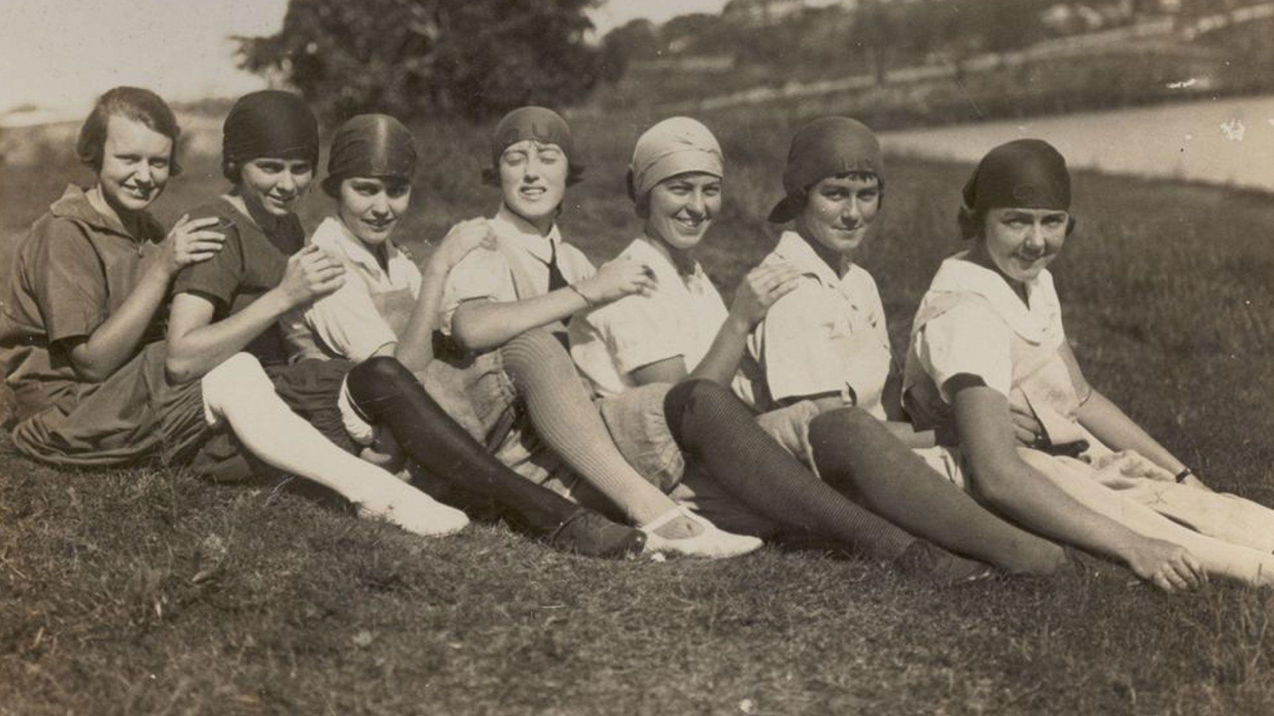 An image of UQ lady coxswains (from left) Noela Harris, Freda Oxnam, Ruby Phillips, Isobel Dowrie, Margery Park, Greta Ferguson and Alma Dent in 1924.
