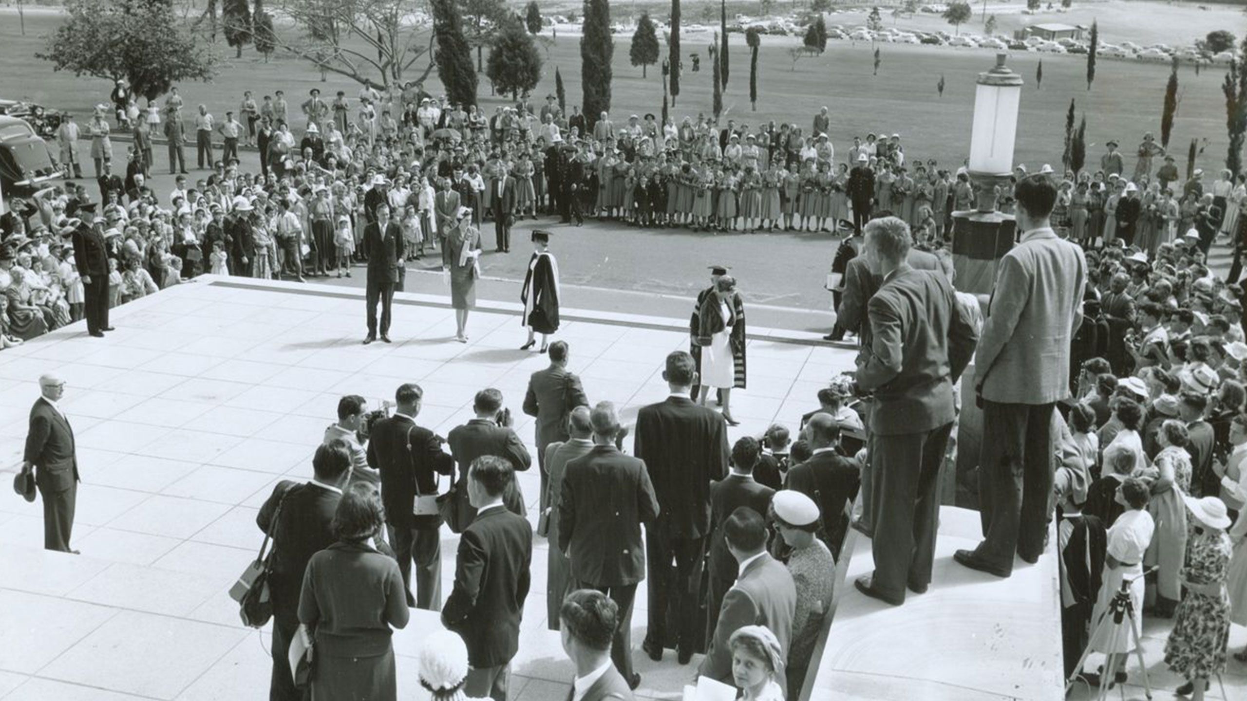 An image of Princess Alexandra on the steps of the Forgan Smith building during her visit to UQ in 1959.