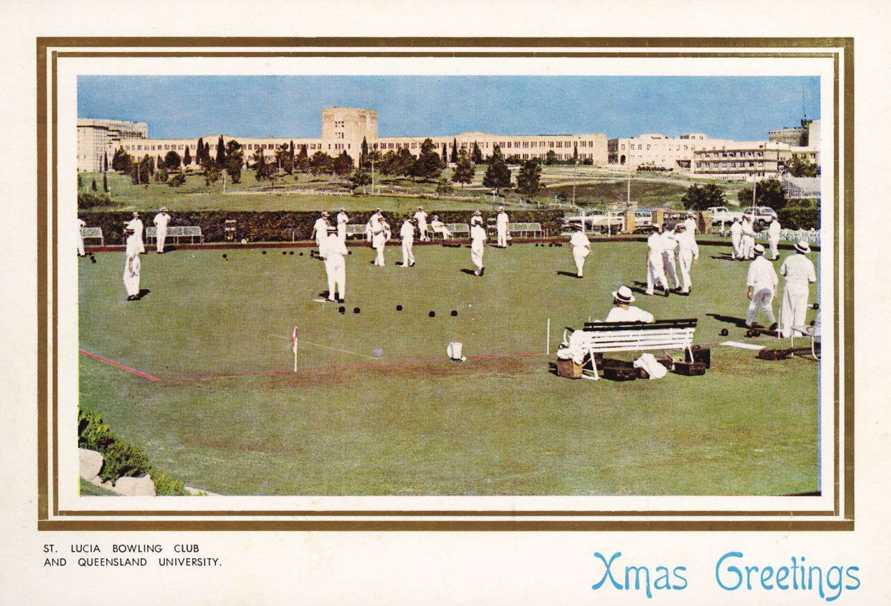 An image of UQ and the St Lucia Bowling Club featured on the front of a Christmas Card in 1950.