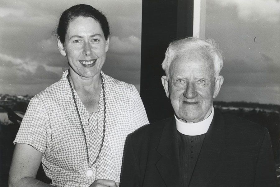 An image of Nancy Bonnin with Father Edward Leo Hayes in 1966. Fr Hayes was a Catholic priest based in Oakey, Queensland. He was also an inveterate and eclectic book collector. The University of Queensland acquired the remarkable Father Edward Leo Hayes Collection in 1967. The treasures that Fr Hayes collected have contributed to the reputation of the Fryer Library as a pre-eminent research collection.