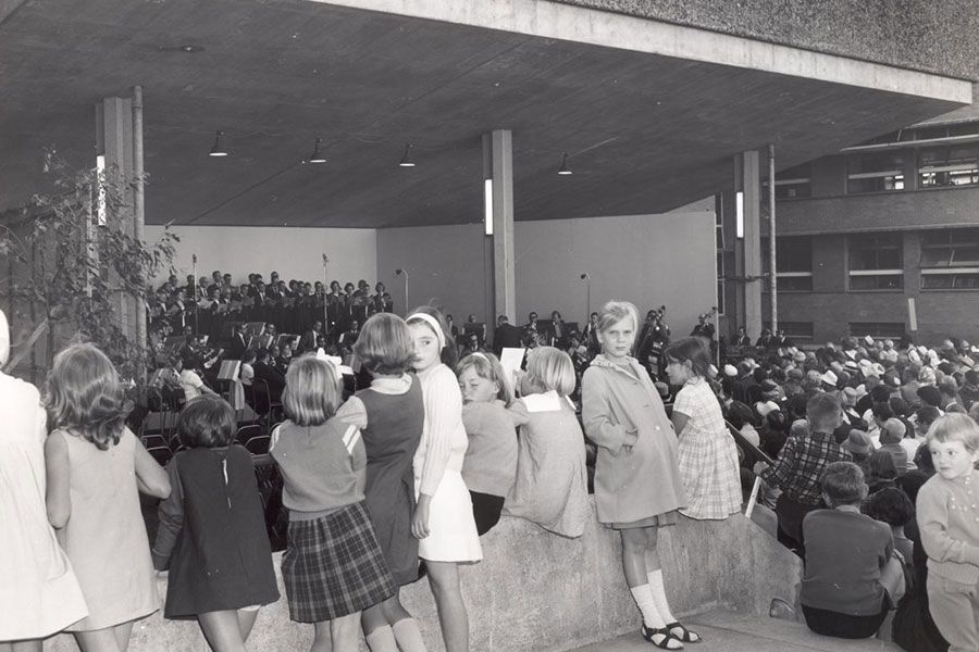 An image of a group of children attending a symphony concert held at UQ in 1967.