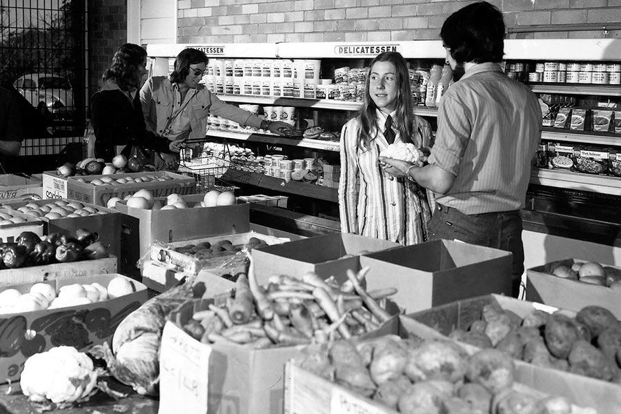 An image of shoppers in the Student Union Coop in 1973.