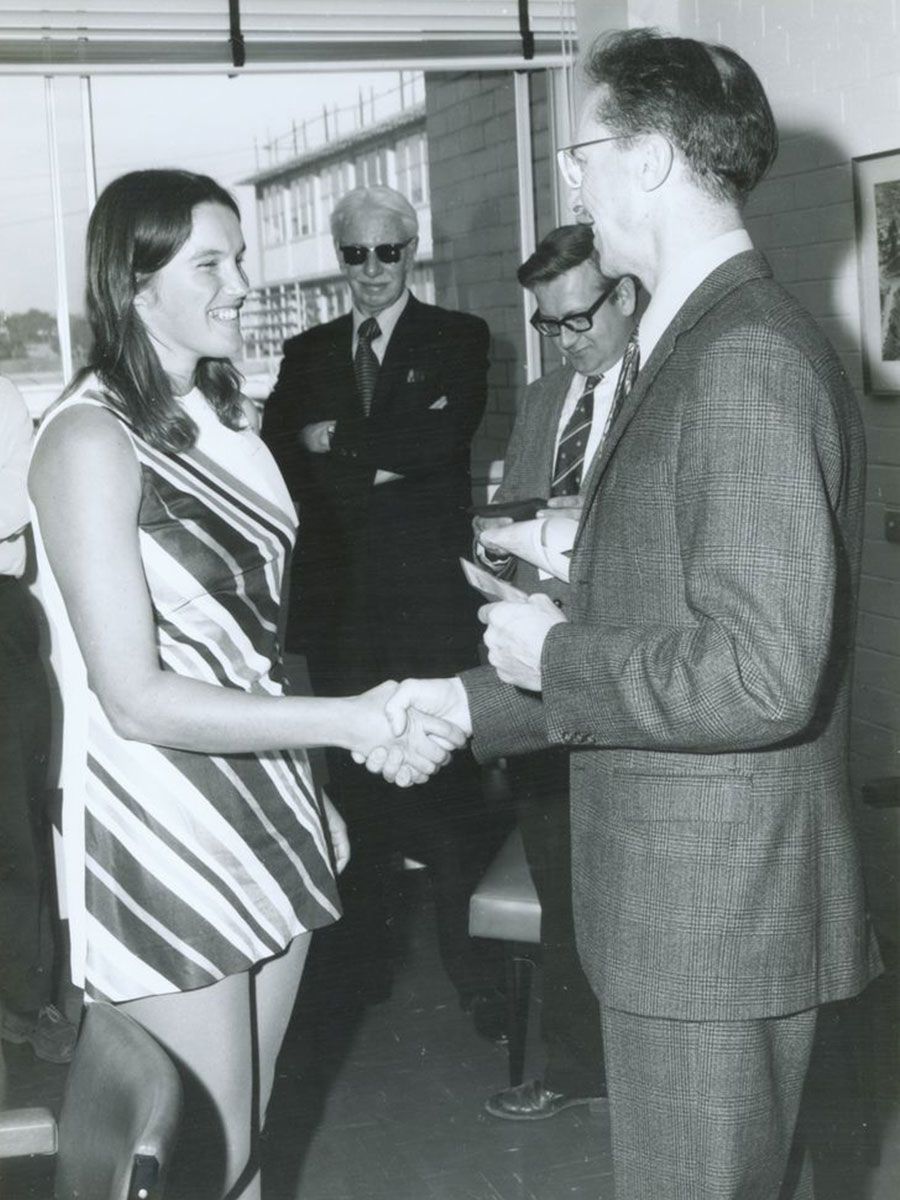 An image of Professor RL Whitmore presenting JA Bagnall with the Mining and Metallurgical Bursary Award in 1971.