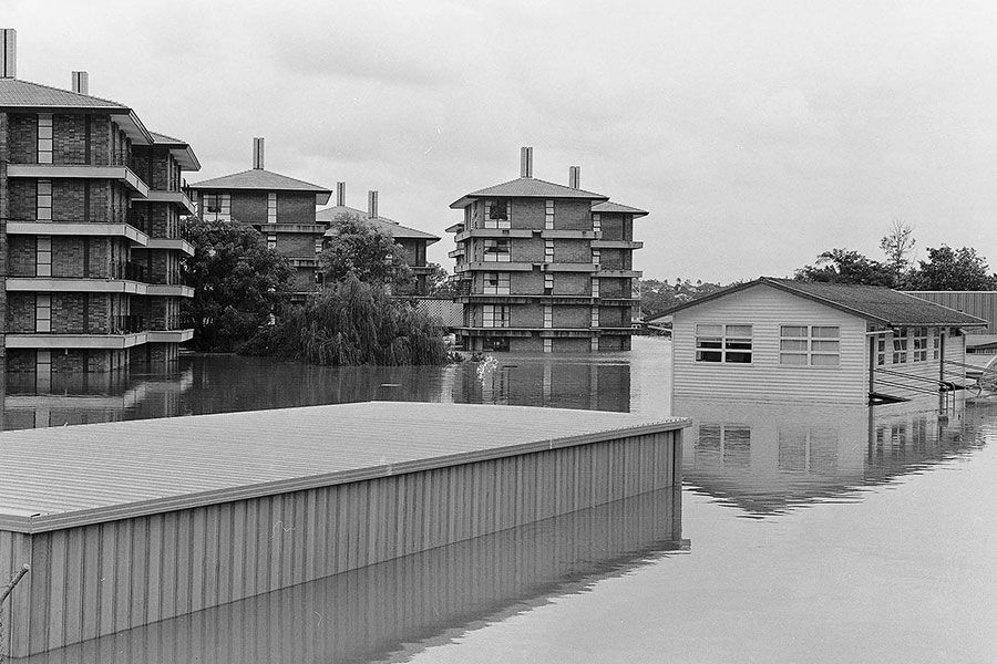 An image of the campus underwater during the 1974 floods.