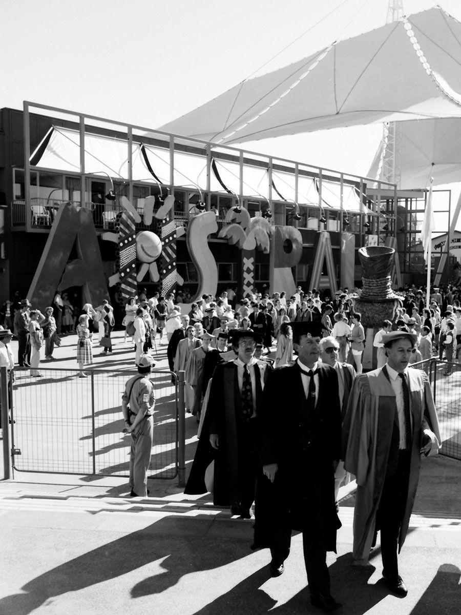 An image of a graduation ceremony at the Expo '88 site in 1988.