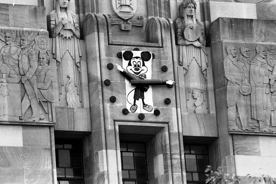 An image showing Mickey Mouse as the clock face on the Forgan Smith building in 1983.