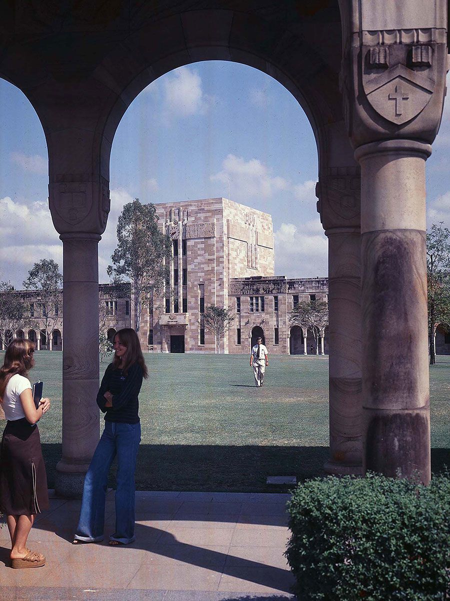 An image looking through the cloisters into the Great Court in 1982.