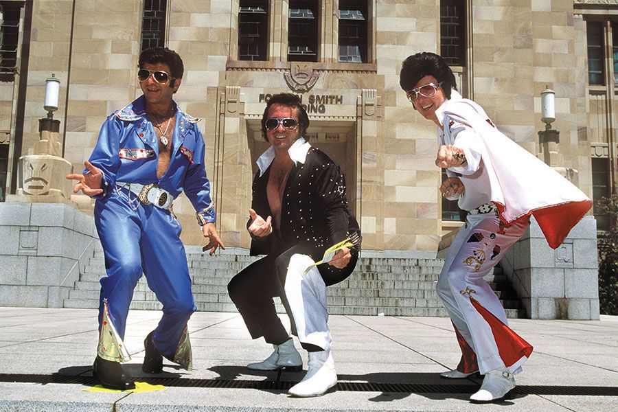An image of Elvis impersonators outside the Forgan Smith building in 1995.
