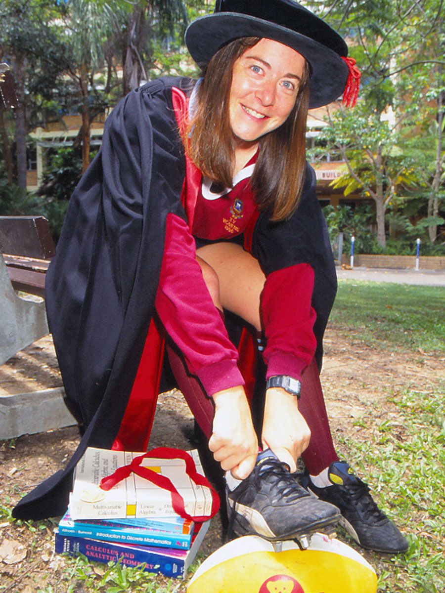 An image of UQ graduate Rebecca Gower on her graduation day in 1995. Rebecca went on to complete her PhD in mathematics and took up a research fellowship at Oxford University. While at UQ, she played prop for the women’s rugby union team, which won a gold medal at the 1995 Northern Conference University Games in Lismore.