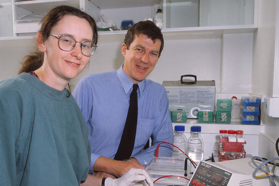 An image of Anne Louise Bulloch with Professor Ian Frazer in 1995. Anne is the Manager of Research and Research Training at UQ's Faculty of Medicine, while Professor Frazer is the co-inventor of the technology enabling the HPV vaccines, currently used worldwide to help prevent cervical cancer. He was named Australian of the Year in 2006.