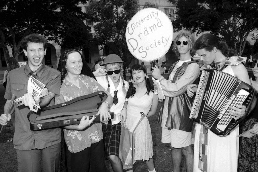 An image of Members of the University Drama Society during O-Week in 1991.