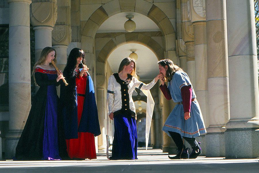 An image of members of the UQ Medieval Society performing during Open Day in 1994.