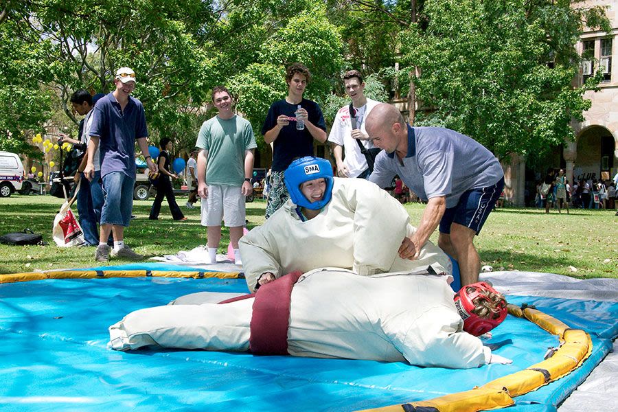 Students give sumo wrestling a try during O-Week in 2004.