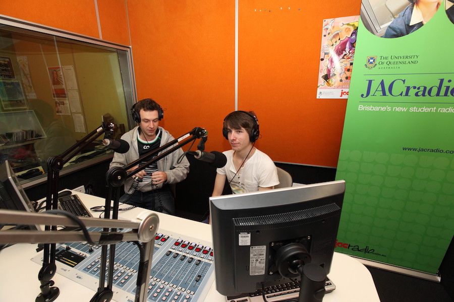 An image of two men in a radio booth at UQ St Lucia in August 2013.