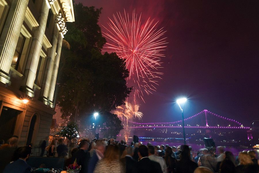 An image of fireworks exploding above the Story Bridge in September 2018.