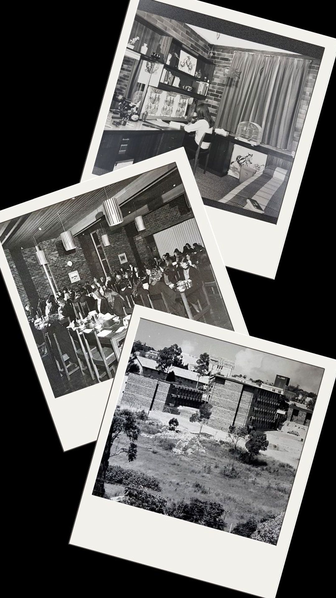 Historic images of Grace College over the past 50 years, including a student studying, students eating in the dining hall and an outside view of the college.