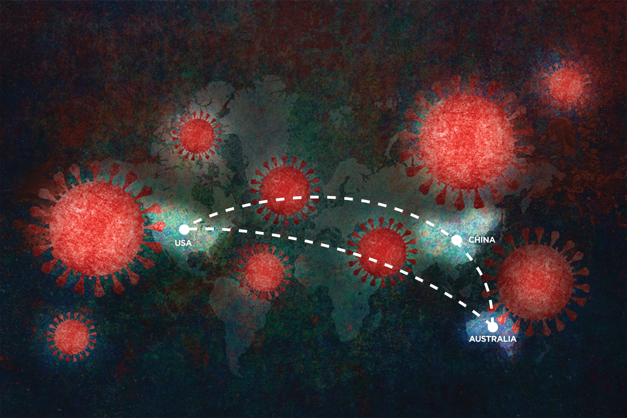 AN image of a world map, illustrated with COVID-19 particles. The map highlights the US, China and Australia.