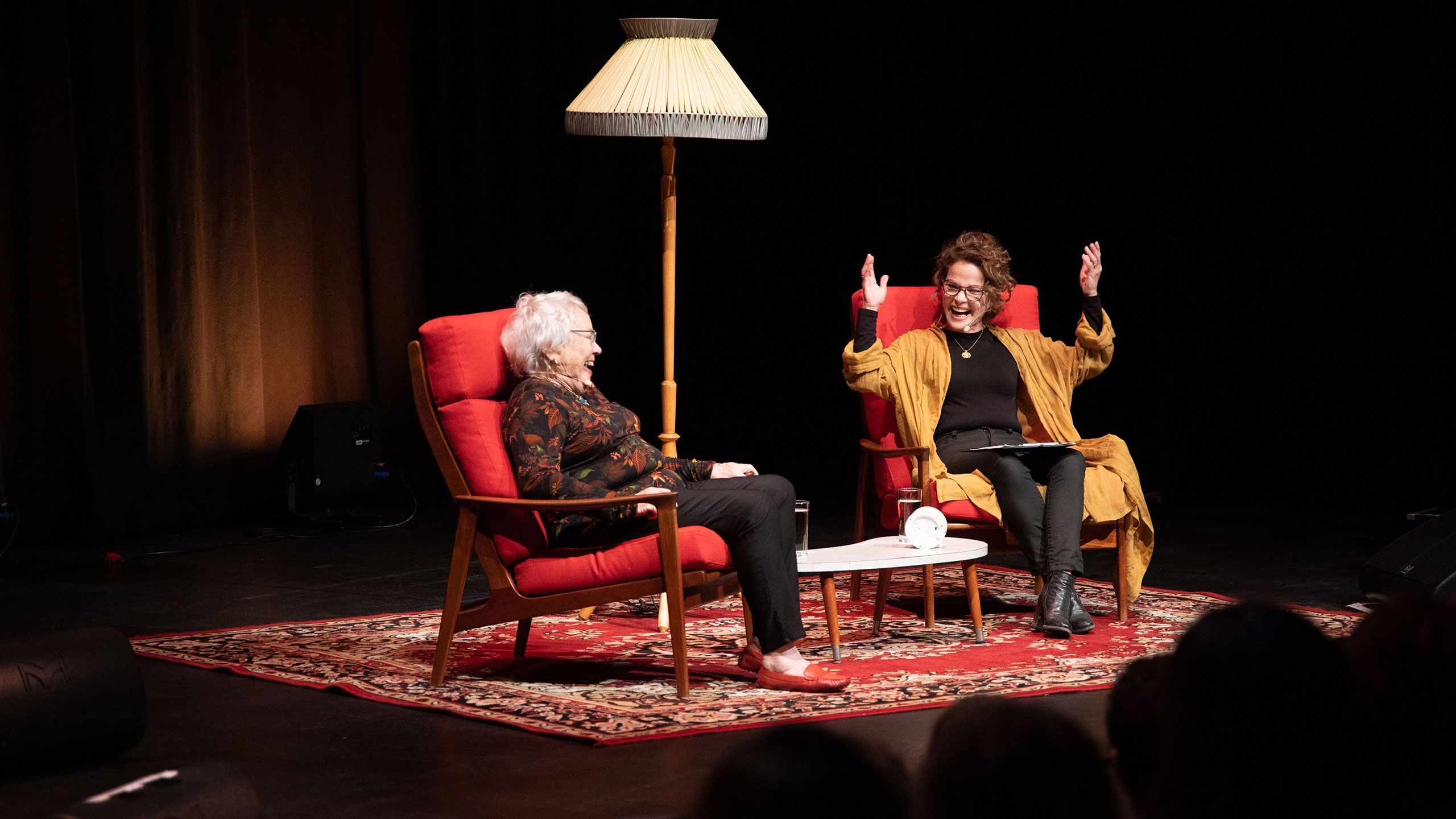Merle and Sigrid Thornton on stage in 2019 in Frank and Fearless, when they discussed women’s rights, women in the media and shared stories.