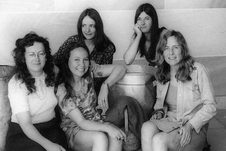 The Hecate collective in 1975 at UQ: Carmel Shute, Merle Thornton, Marianna Shaw, Trish Nivor and Carole Ferrier.