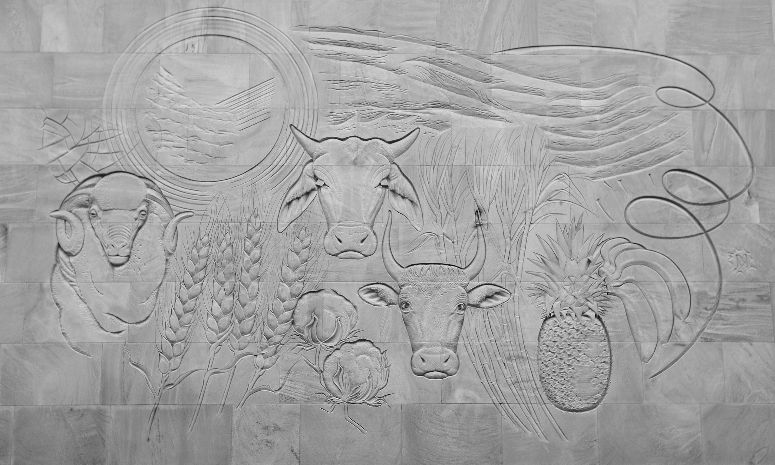 UQ Gatton frieze in grayscale