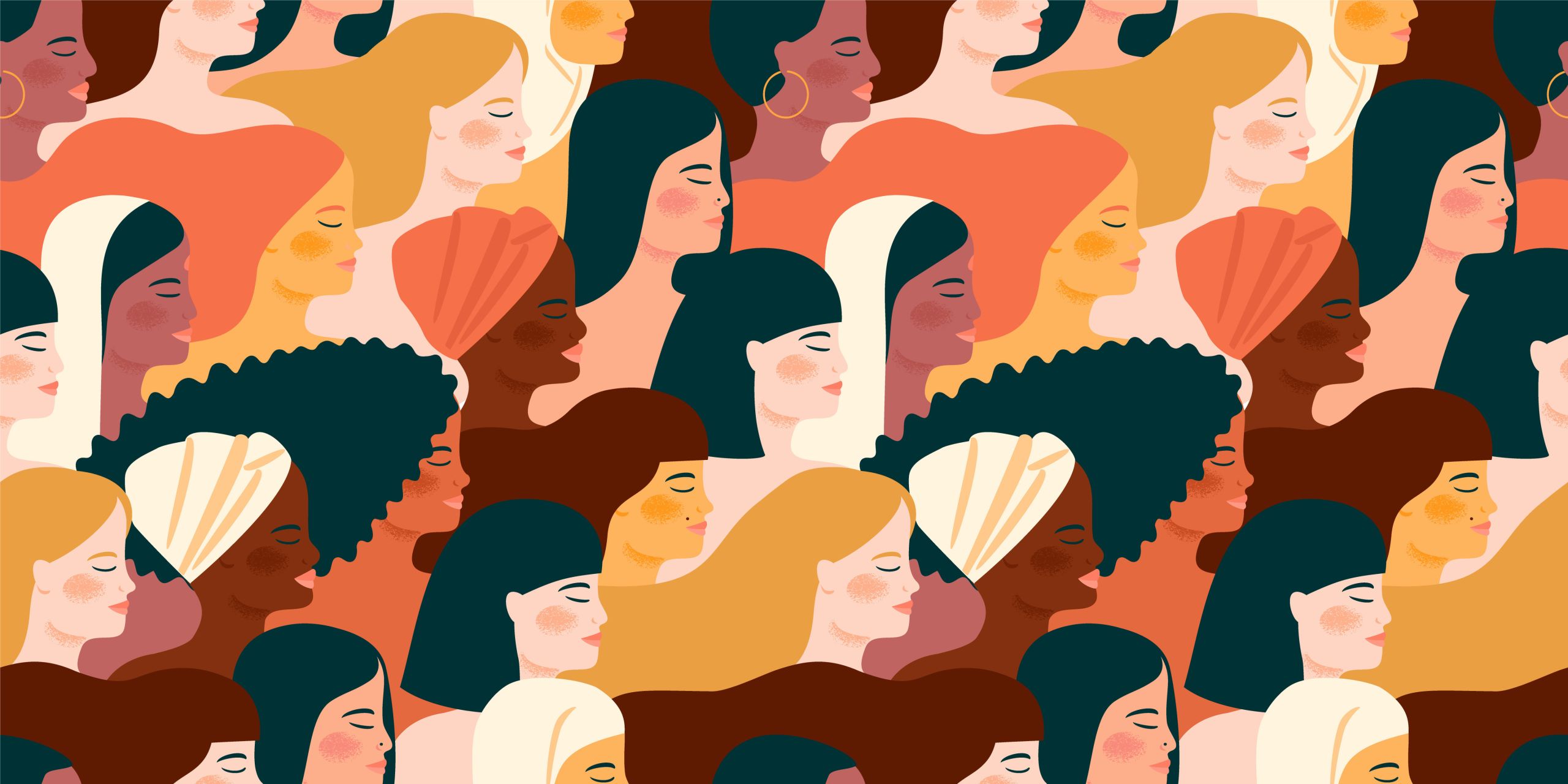 Vector graphic: seamless pattern with women of different nationalities and cultures.
