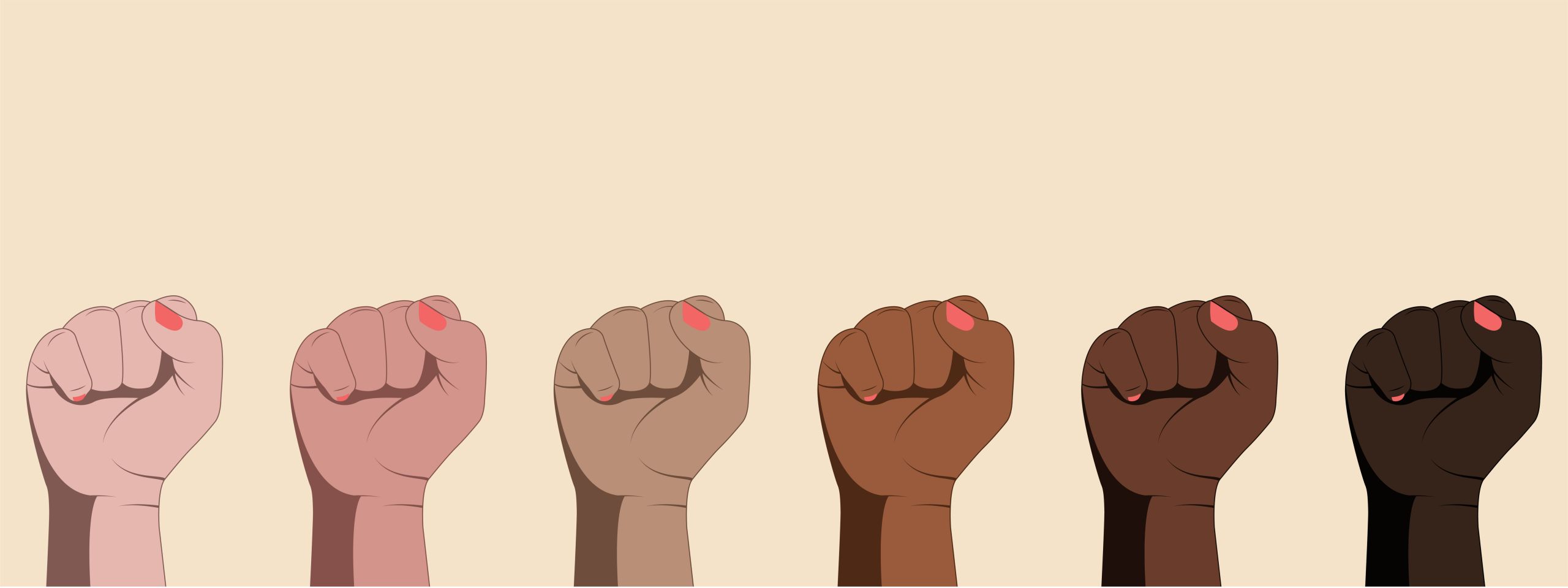 Illustration of many different coloured skin hands raising into a fist