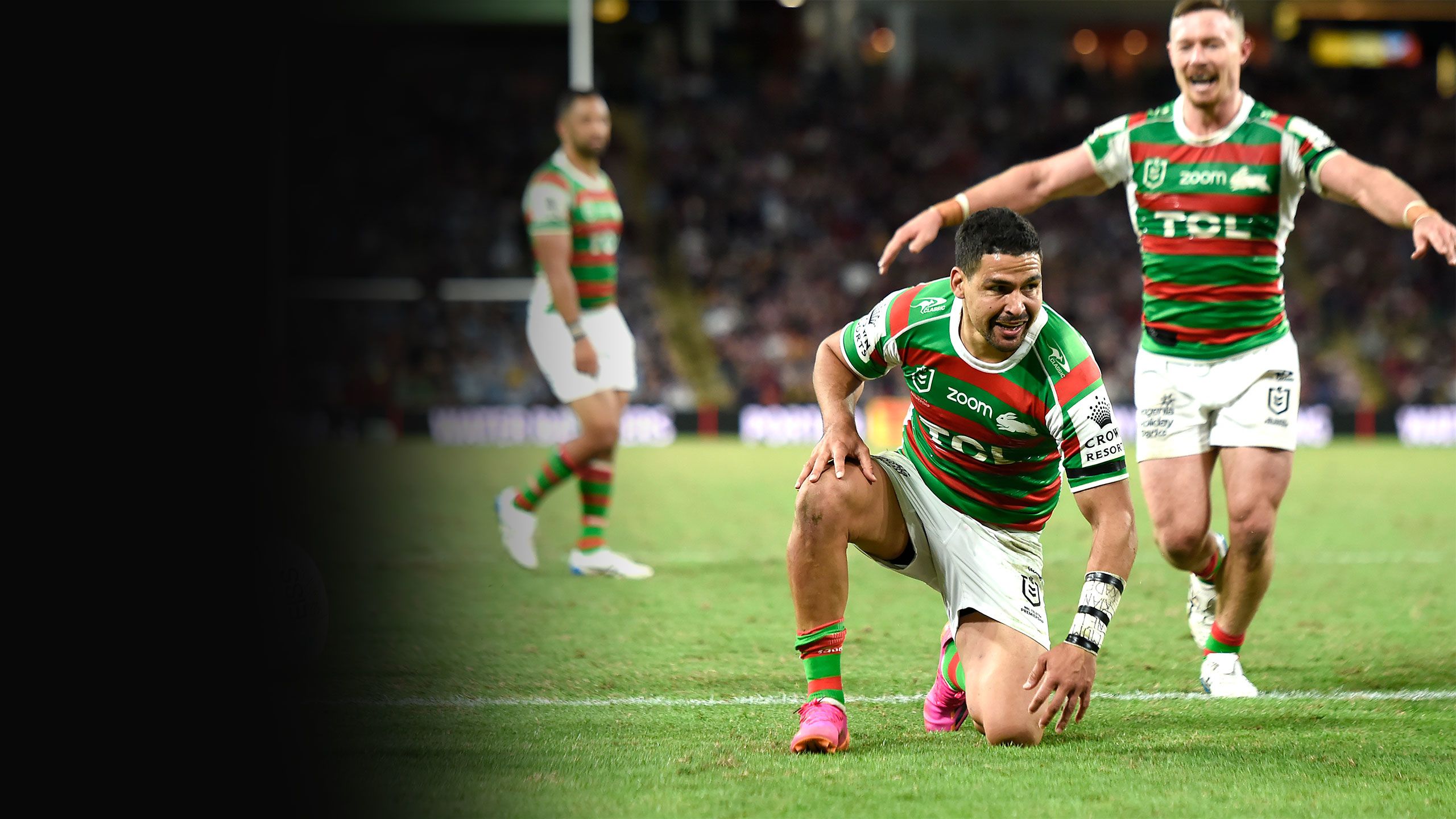 South Sydney Rabbitohs five-eighth Cody Walker celebrating after scoring a try against the Cronulla Sharks at Suncorp Stadium.