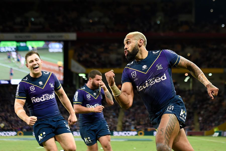An image of Melbourne Storm winger Josh Addo-Carr celebrating after scoring a try against St George Illawarra Dragons at Suncorp Stadium.