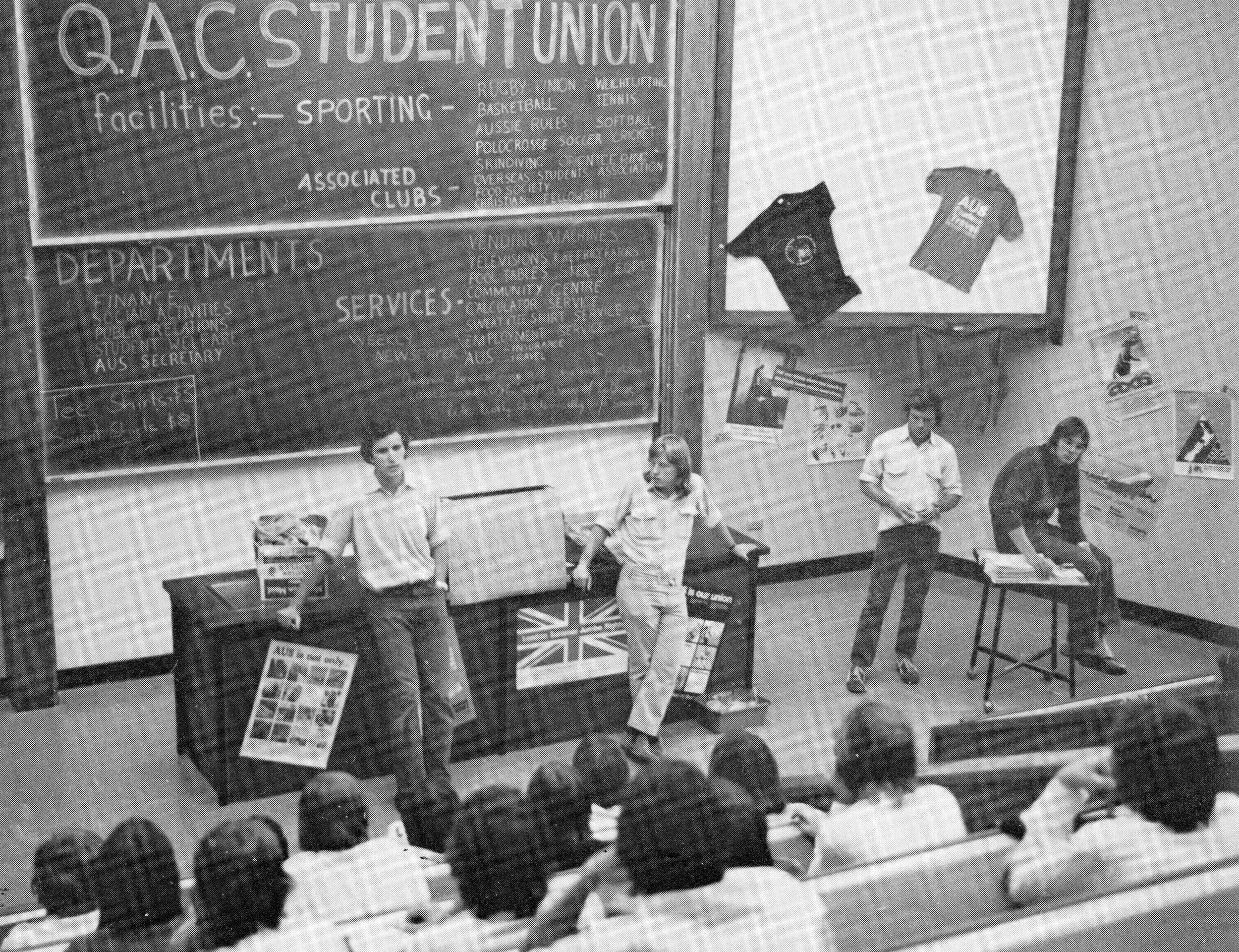 An image of David Baker (second from the left) with other students attending a meeting at Queensland Agricultural College, 1976.