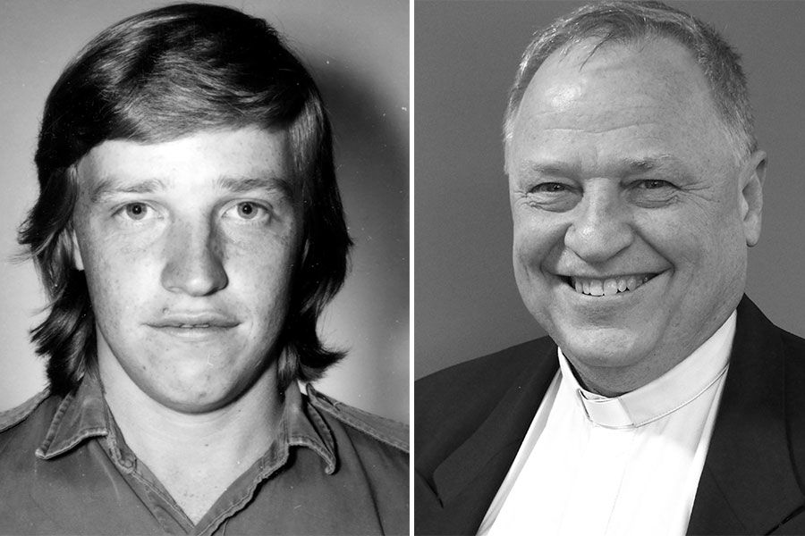 A side-by-side image of David Baker as a Queensland Agricultural College student in 1977 and recently as Moderator of The Uniting Church Queensland.