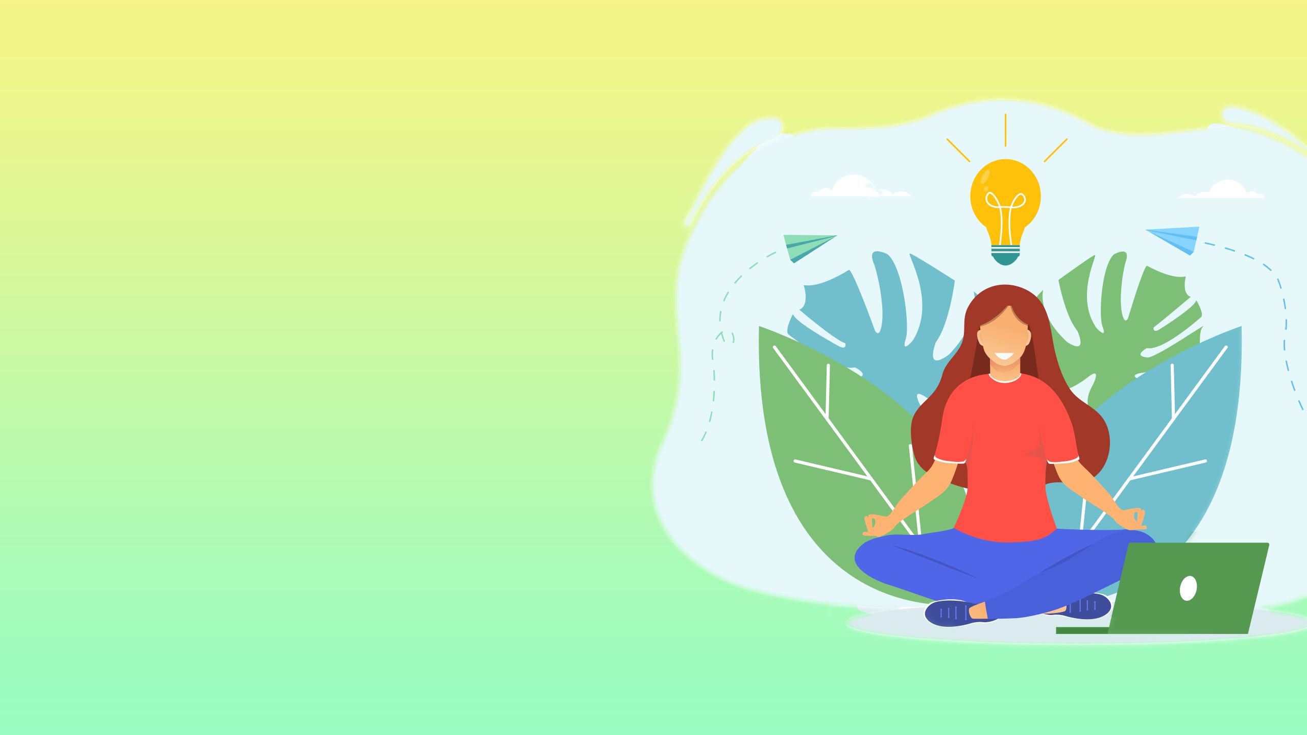 Illustration of brunette woman sitting with crossed legs in front of a laptop doing meditation. There are green palm leaves behind her and a yellow lightbulb above her head.
